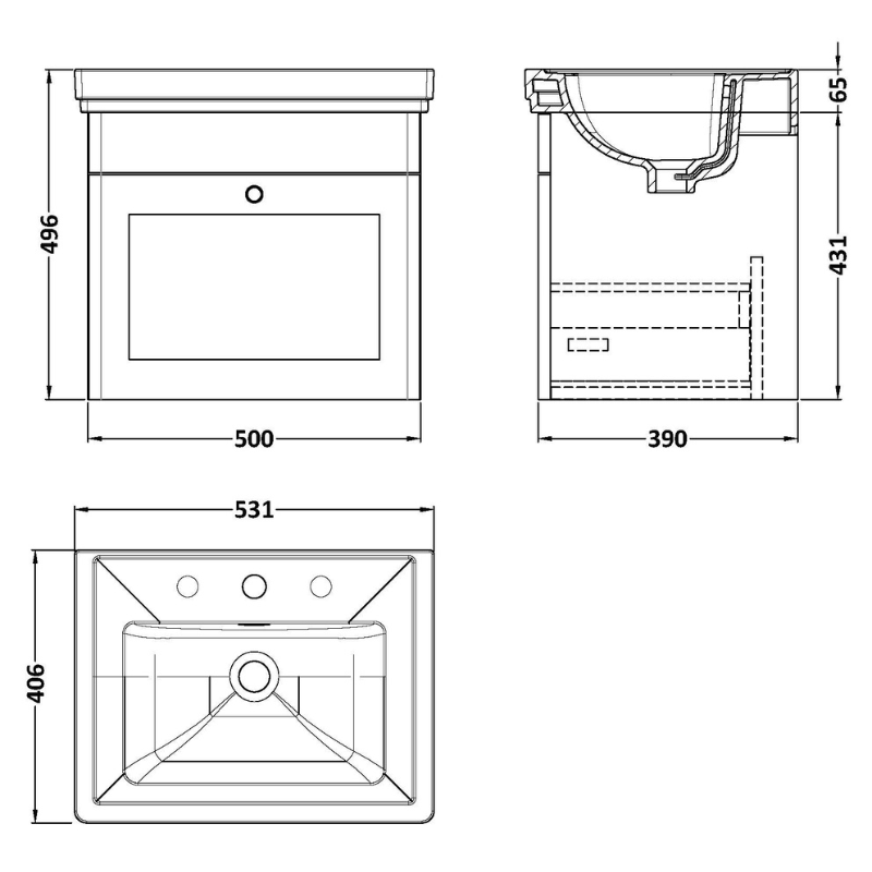 Nuie Classique 500mm Wall Hung 1 Drawer Vanity Unit with 3 Tap Hole Basin (1 size, Soft Black) - Brand New Bathrooms
