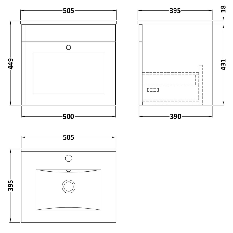 Nuie Classique 500mm Wall Hung 1 Drawer Unit With Basin 2 (1 size, Soft Black) - Brand New Bathrooms