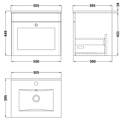 Nuie Classique 500mm Wall Hung 1 Drawer Unit With Basin 2 (1 size, Soft Black) - Brand New Bathrooms
