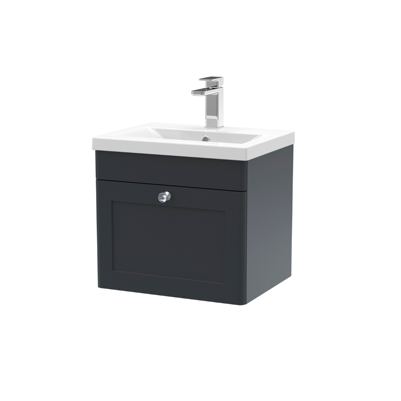 Nuie Classique 500mm Wall Hung 1 Drawer Vanity Unit & Basin 1 (1 size, Soft Black) - Brand New Bathrooms