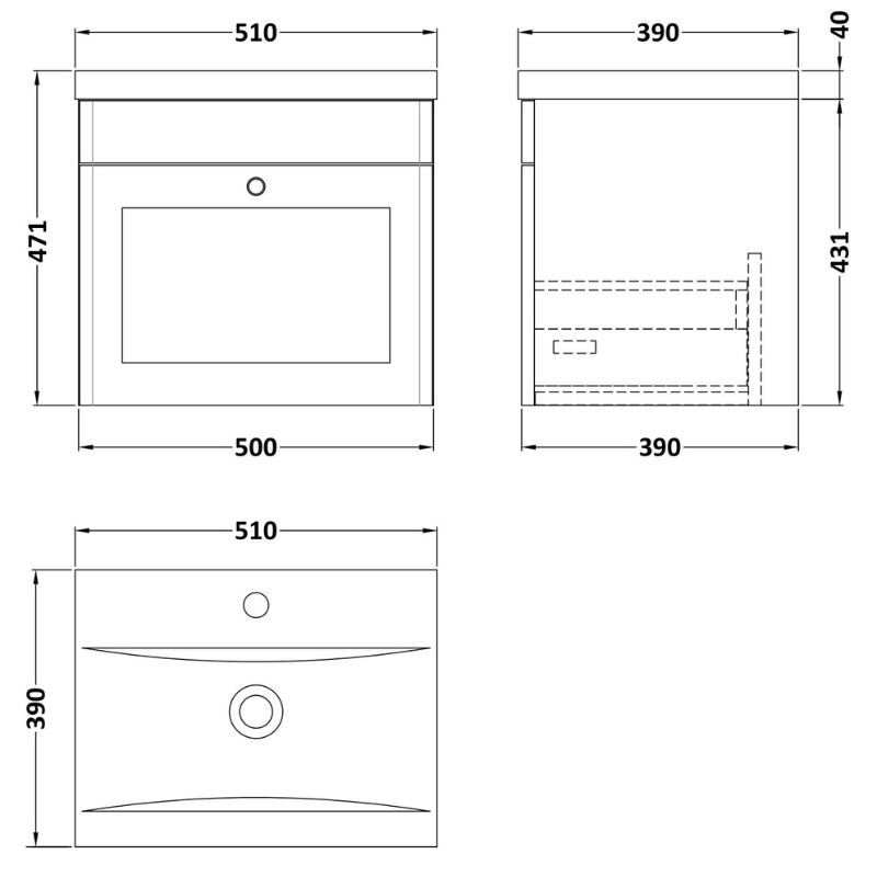 Nuie Classique 500mm Wall Hung 1 Drawer Vanity Unit & Basin 1 (1 size, Soft Black) - Brand New Bathrooms