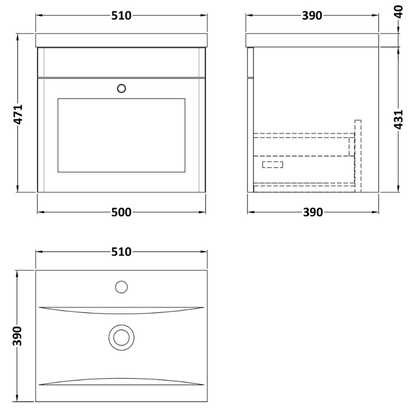 Nuie Classique 500mm Wall Hung 1 Drawer Vanity Unit & Basin 1 (1 size, Soft Black) - Brand New Bathrooms