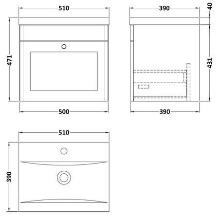 Nuie Classique 500mm Wall Hung 1 Drawer Vanity Unit & Basin 1 (1 size, Soft Black) - Brand New Bathrooms