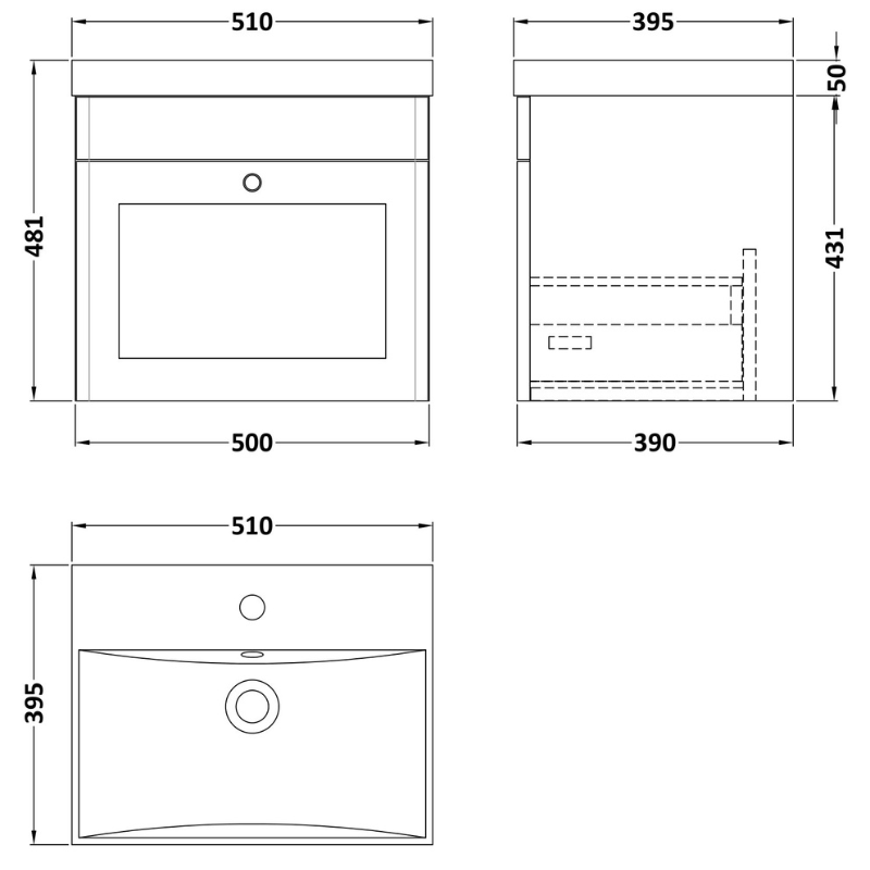 Nuie Classique 500mm Wall Hung 1 Drawer Vanity Unit with Basin (1 size, Soft Black) - Brand New Bathrooms