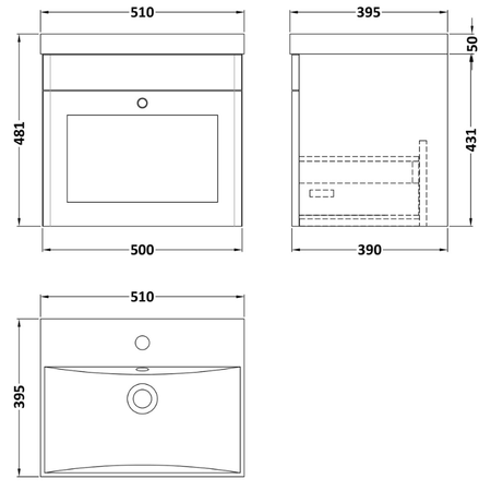 Nuie Classique 500mm Wall Hung 1 Drawer Vanity Unit with Basin (1 size, Soft Black) - Brand New Bathrooms