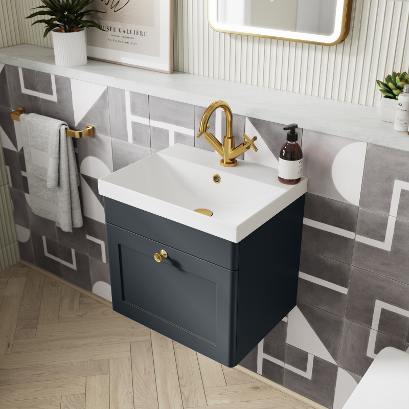 Nuie Classique 500mm Wall Hung 1 Drawer Vanity Unit with Basin (1 size, Soft Black) - Brand New Bathrooms