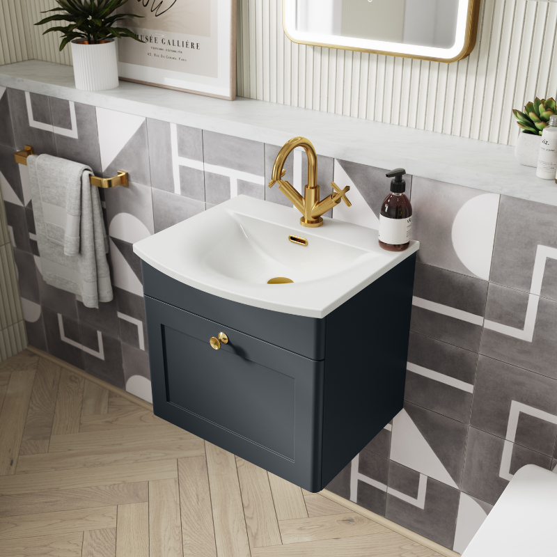 Nuie Classique 500mm Wall Hung 1 Drawer Unit With Basin (1 size, Soft Black) - Brand New Bathrooms