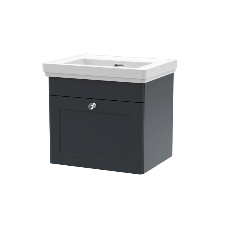 Nuie Classique 500mm Wall Hung 1 Drawer Vanity Unit with Basin (1 size, Soft Black) - Brand New Bathrooms