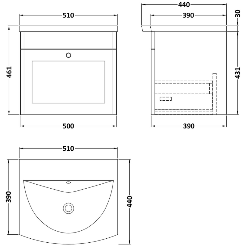 Nuie Classique 500mm Wall Hung 1 Drawer Unit With Basin (1 size, Soft Black) - Brand New Bathrooms