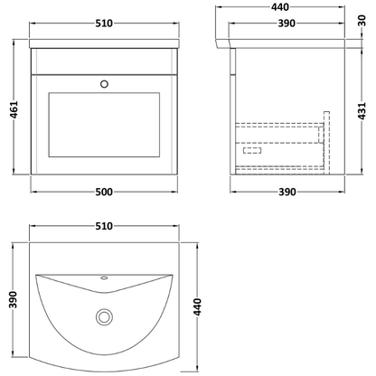 Nuie Classique 500mm Wall Hung 1 Drawer Unit With Basin (1 size, Soft Black) - Brand New Bathrooms