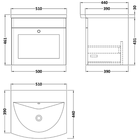 Nuie Classique 500mm Wall Hung 1 Drawer Unit With Basin (1 size, Soft Black) - Brand New Bathrooms