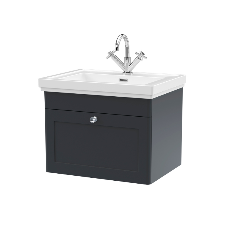 Nuie Classique 500mm Wall Hung 1 Drawer Vanity Unit with 1 Tap Hole Basin (1 size, Soft Black) - Brand New Bathrooms