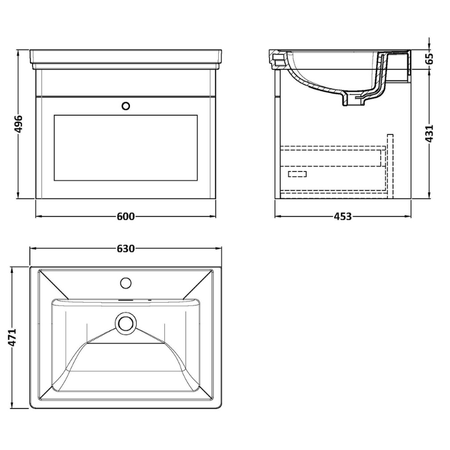Nuie Classique 500mm Wall Hung 1 Drawer Vanity Unit with 1 Tap Hole Basin (1 size, Soft Black) - Brand New Bathrooms