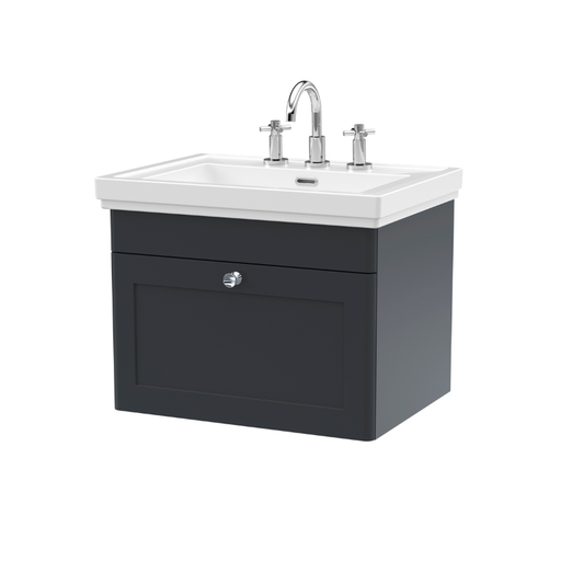 Nuie Classique 600mm Wall Hung 1 Drawer Vanity Unit With Basin (1 size, Soft Black) - Brand New Bathrooms
