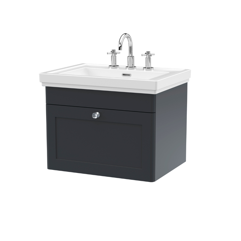 Nuie Classique 600mm Wall Hung 1 Drawer Vanity Unit With Basin (1 size, Soft Black) - Brand New Bathrooms