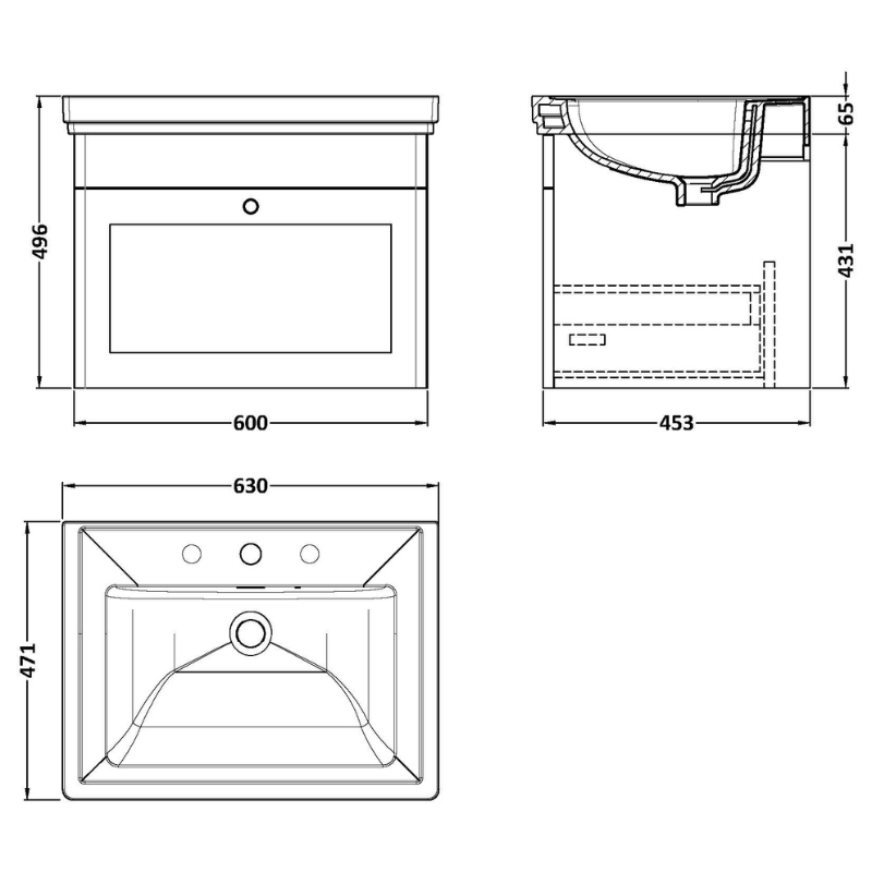 Nuie Classique 600mm Wall Hung 1 Drawer Vanity Unit With Basin (1 size, Soft Black) - Brand New Bathrooms