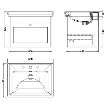 Nuie Classique 600mm Wall Hung 1 Drawer Vanity Unit With Basin (1 size, Soft Black) - Brand New Bathrooms