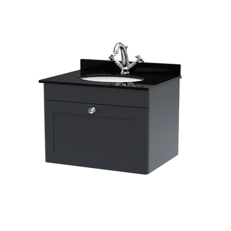 Nuie Classique 600mm Wall Hung 1 Drawer Vanity Unit With 1 Tap Hole Round Basin (1 size, Soft Black) - Brand New Bathrooms