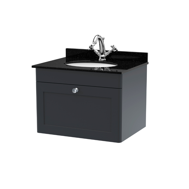 Nuie Classique 600mm Wall Hung 1 Drawer Vanity Unit With 1 Tap Hole Round Basin (1 size, Soft Black) - Brand New Bathrooms