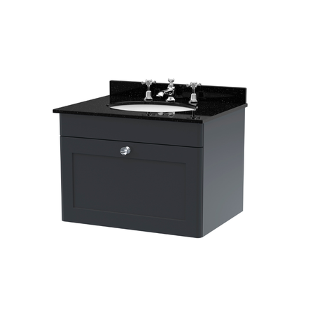 Nuie Classique 600mm Wall Hung 1 Drawer Vanity Unit With 1 Tap Hole Round Basin (1 size, Soft Black) - Brand New Bathrooms