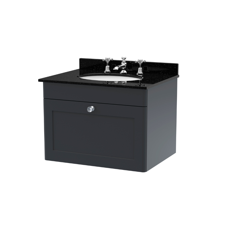 Nuie Classique 600mm Wall Hung 1 Drawer Vanity Unit With 1 Tap Hole Round Basin (1 size, Soft Black) - Brand New Bathrooms