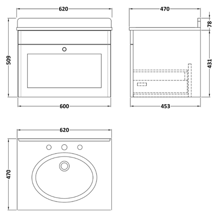 Nuie Classique 600mm Wall Hung 1 Drawer Vanity Unit With 1 Tap Hole Round Basin (1 size, Soft Black) - Brand New Bathrooms