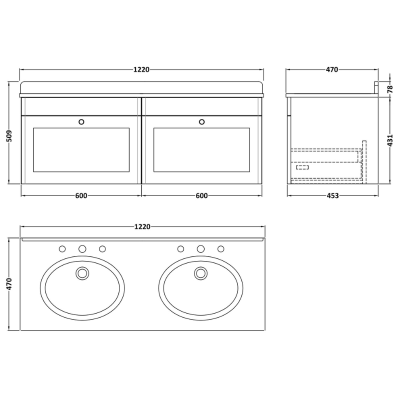Nuie Classique 1200mm Wall Hung 2 Drawer Vanity & Marble Top (1 size, Soft Black) - Brand New Bathrooms