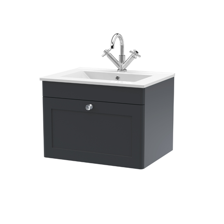 Nuie Classique 600mm Wall Hung 1-Drawer Vanity with Basin - 1 Tap Hole (1 size, Soft Black) - Brand New Bathrooms
