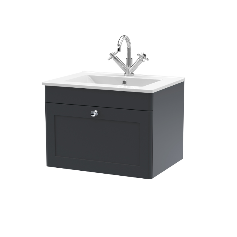 Nuie Classique 600mm Wall Hung 1-Drawer Vanity with Basin - 1 Tap Hole (1 size, Soft Black) - Brand New Bathrooms