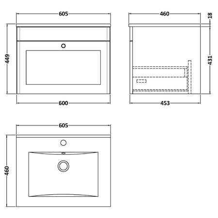 Nuie Classique 600mm Wall Hung 1-Drawer Vanity with Basin - 1 Tap Hole (1 size, Soft Black) - Brand New Bathrooms