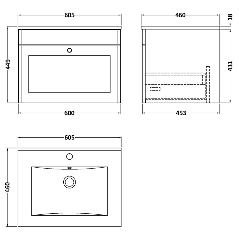 Nuie Classique 600mm Wall Hung 1-Drawer Vanity with Basin - 1 Tap Hole (1 size, Soft Black) - Brand New Bathrooms