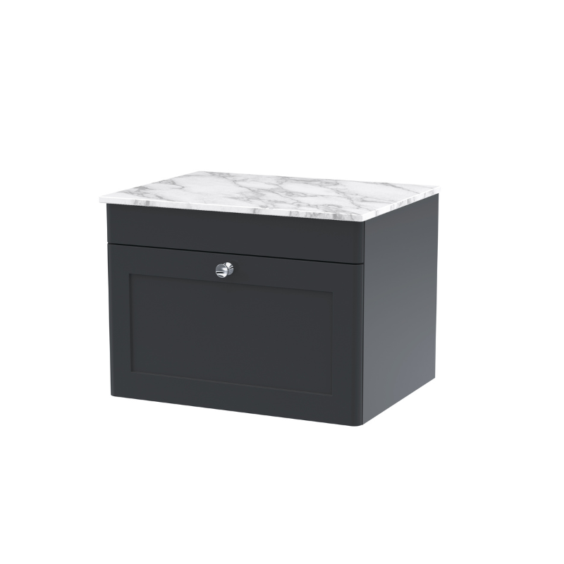 Nuie Classique 600mm Wall Hung 1-Drawer Vanity with Marble Top (1 size, Soft Black) - Brand New Bathrooms