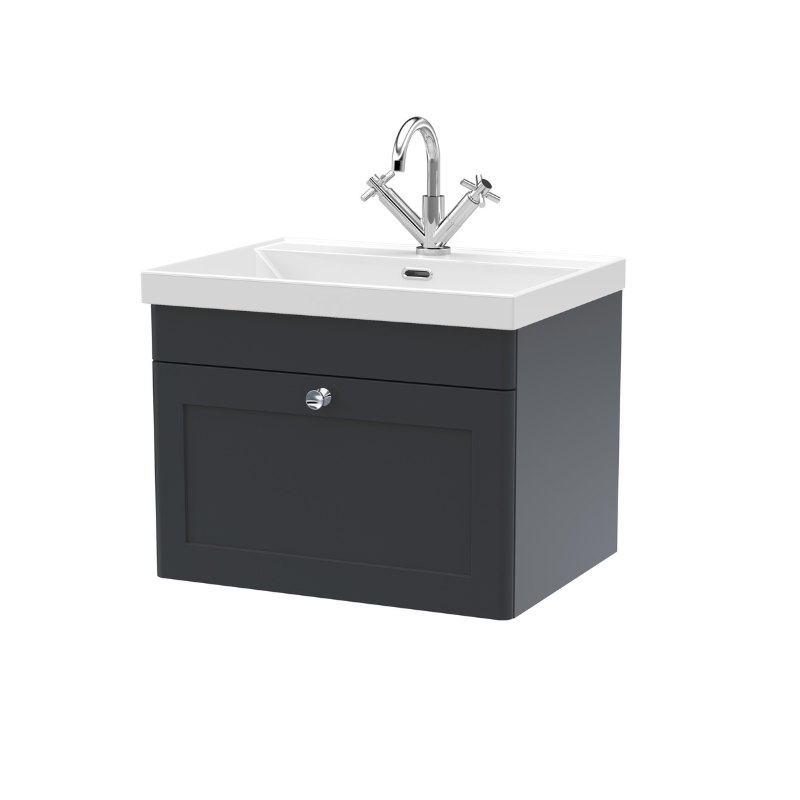 Nuie Classique 600mm Wall Hung 1-Drawer Vanity Unit With Basin, 1 Tap Hole (1 size, Soft Black) - Brand New Bathrooms