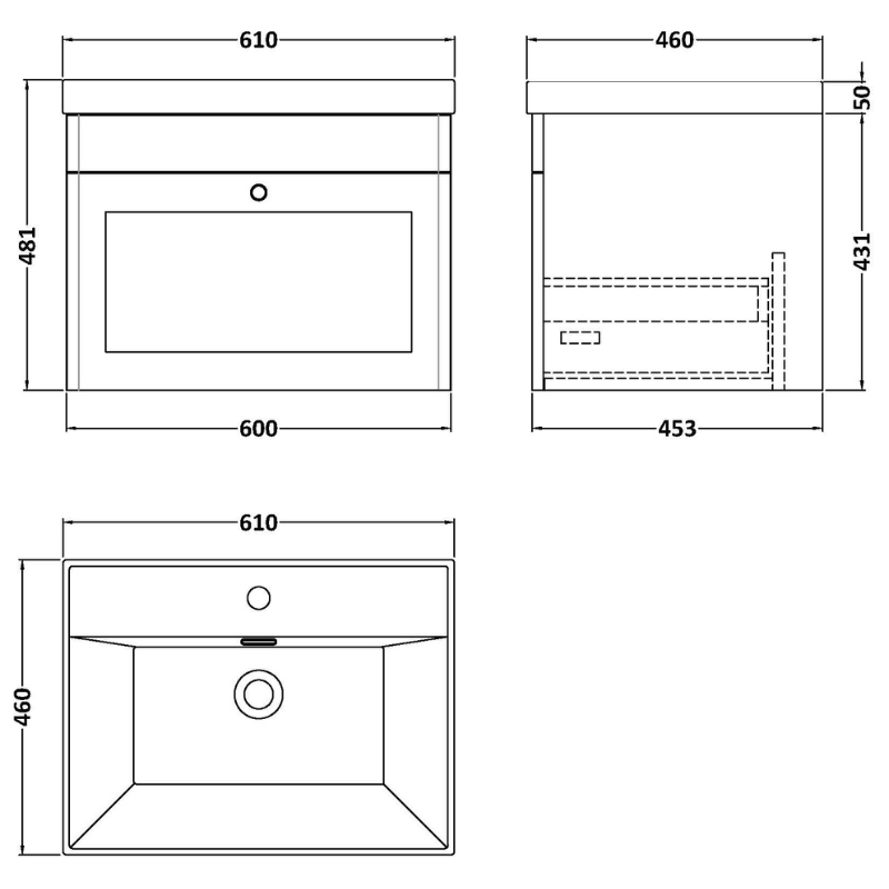 Nuie Classique 600mm Wall Hung 1-Drawer Vanity Unit With Basin, 1 Tap Hole (1 size, Soft Black) - Brand New Bathrooms