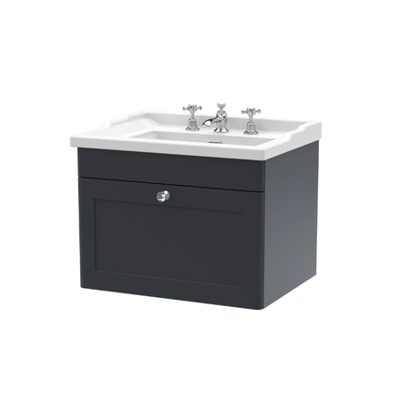 Nuie Classique 600mm Wall Hung 1 Drawer Unit & 3 Tap Hole Basin (1 size, Soft Black) - Brand New Bathrooms