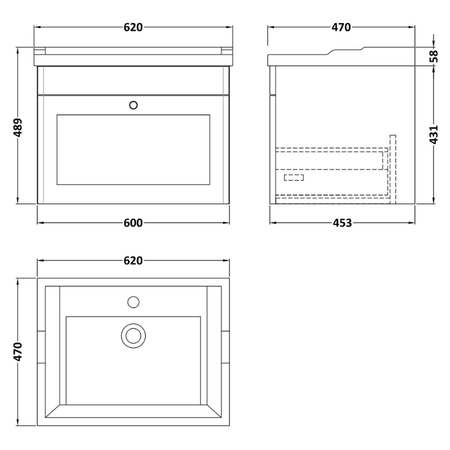 Nuie Classique 600mm Wall Hung 1 Drawer Unit & 3 Tap Hole Basin (1 size, Soft Black) - Brand New Bathrooms
