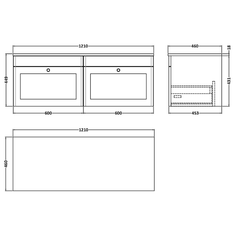 Nuie Classique 1200mm Wall Hung 2-Drawer Vanity with Marble Top (1 size, Soft Black) - Brand New Bathrooms