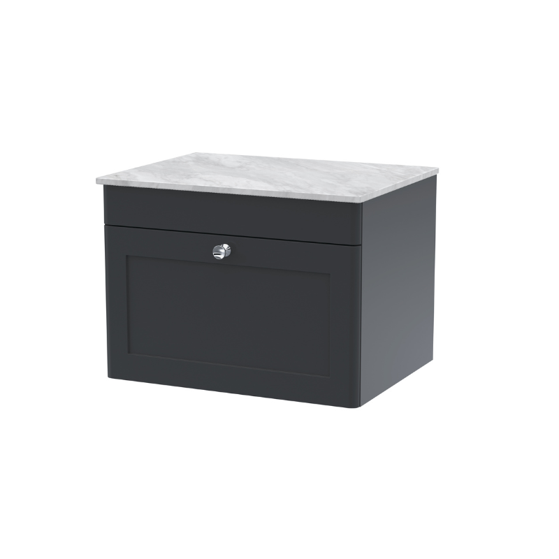 Nuie Classique 600mm Wall Hung 1-Drawer Vanity with Marble Top (1 size, Soft Black) - Brand New Bathrooms