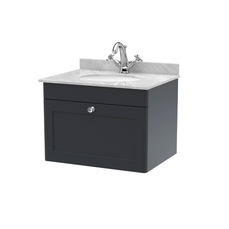 Nuie Classique 600mm Wall Hung 1 Drawer Vanity Unit With 1 Tap Hole Basin (1 size, Soft Black) - Brand New Bathrooms