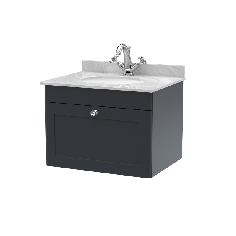 Nuie Classique 600mm Wall Hung 1 Drawer Vanity Unit With 1 Tap Hole Basin (1 size, Soft Black) - Brand New Bathrooms