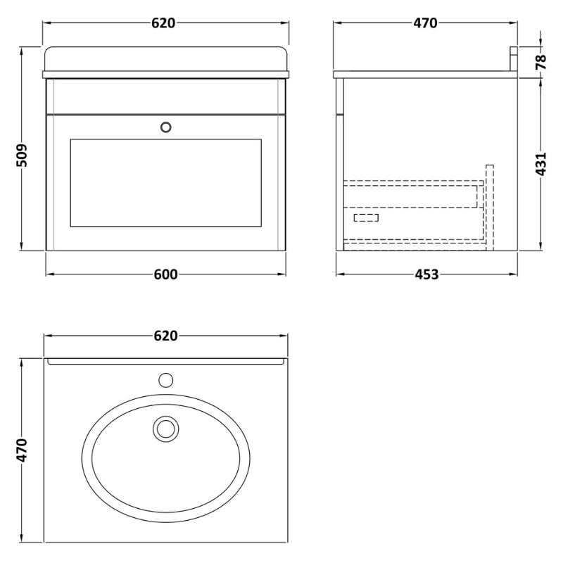 Nuie Classique 600mm Wall Hung 1 Drawer Vanity Unit With 1 Tap Hole Basin (1 size, Soft Black) - Brand New Bathrooms