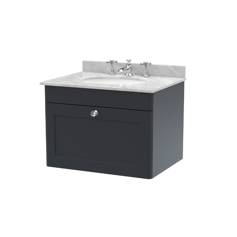 Nuie Classique 600mm Wall Hung Vanity Unit with 3 Tap Hole Basin (1 size, Soft Black) - Brand New Bathrooms