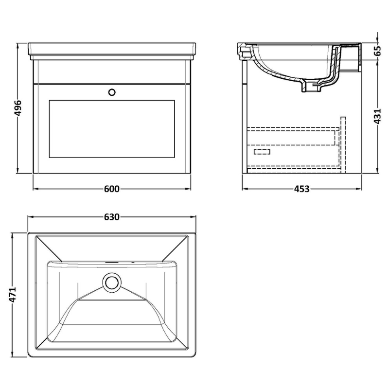 Nuie Classique 600mm Wall Hung Vanity Unit Including Basin (1 size, Soft Black) - Brand New Bathrooms