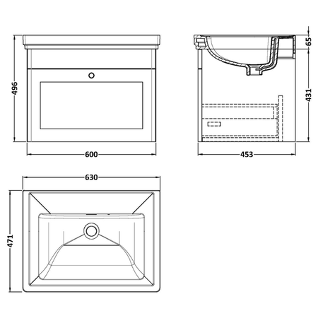 Nuie Classique 600mm Wall Hung Vanity Unit Including Basin (1 size, Soft Black) - Brand New Bathrooms