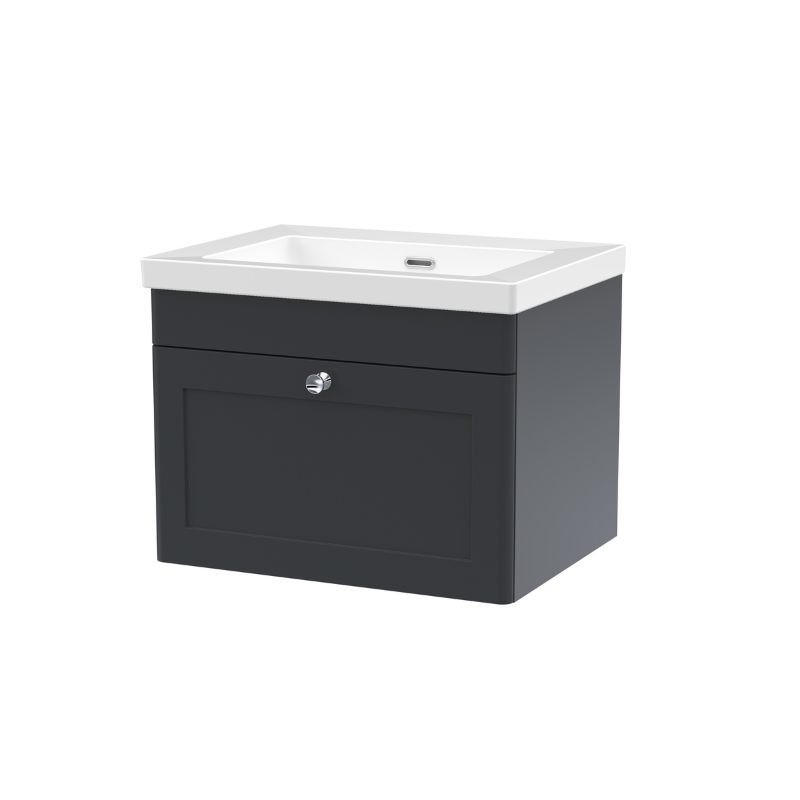 Nuie Classique 600mm Wall Hung 1-Drawer Vanity with Basin - 0 Tap Hole (1 size, Soft Black) - Brand New Bathrooms