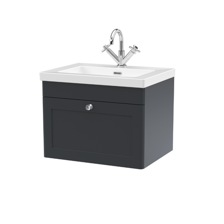 Nuie Classique 600mm Wall Hung 1-Drawer Vanity with Basin - 1 Tap Hole (1 size, Soft Black) - Brand New Bathrooms