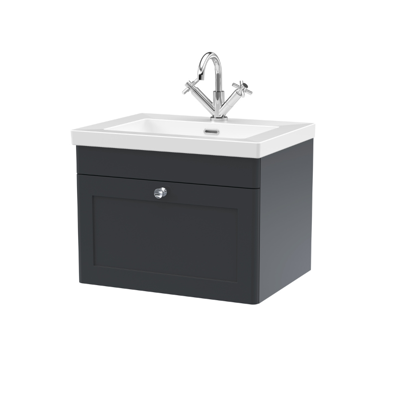 Nuie Classique 600mm Wall Hung 1-Drawer Vanity with Basin - 1 Tap Hole (1 size, Soft Black) - Brand New Bathrooms