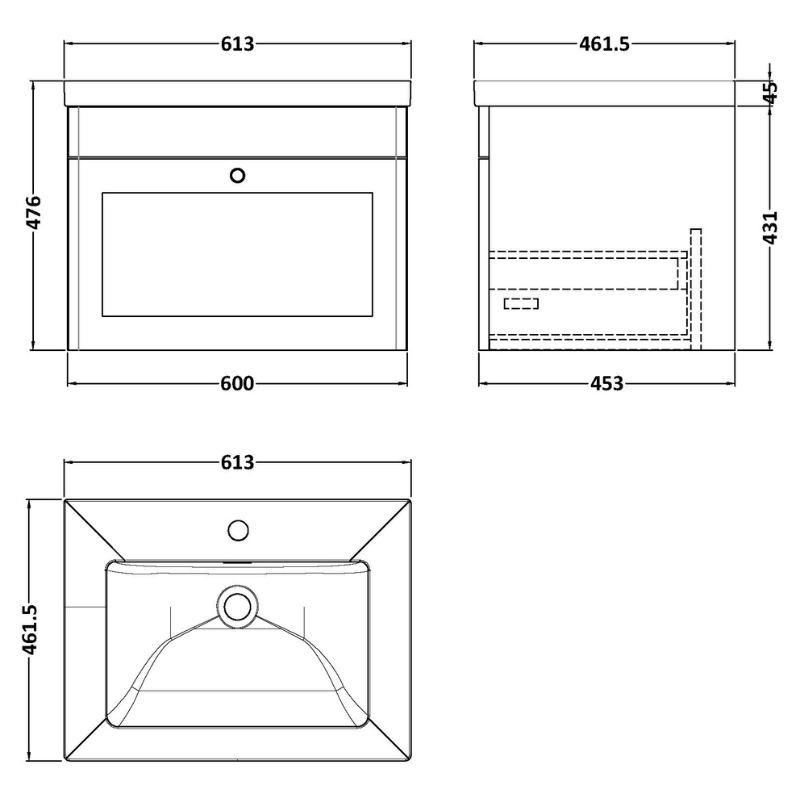 Nuie Classique 600mm Wall Hung 1-Drawer Vanity with Basin - 1 Tap Hole (1 size, Soft Black) - Brand New Bathrooms