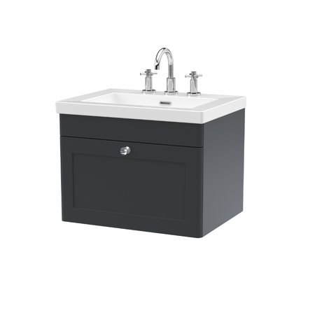 Nuie Classique 600mm Wall Hung 1-Drawer Vanity with 3 Tap Hole Basin (1 size, Soft Black) - Brand New Bathrooms