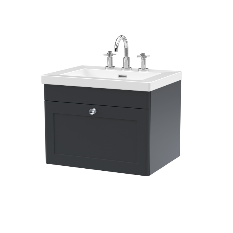 Nuie Classique 600mm Wall Hung 1-Drawer Vanity with 3 Tap Hole Basin (1 size, Soft Black) - Brand New Bathrooms